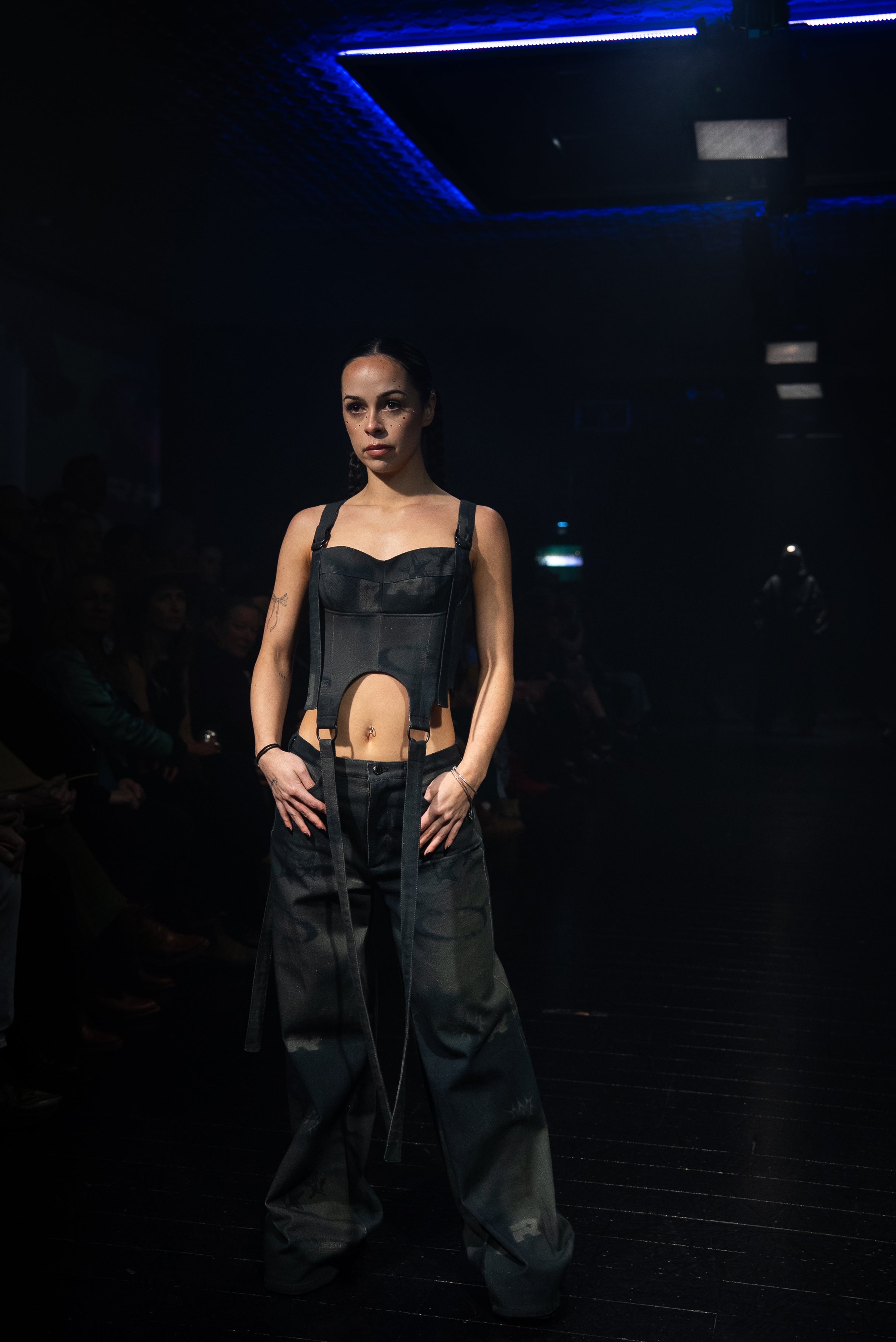 Female model wearing Rhian denim set at Auckland fashion show