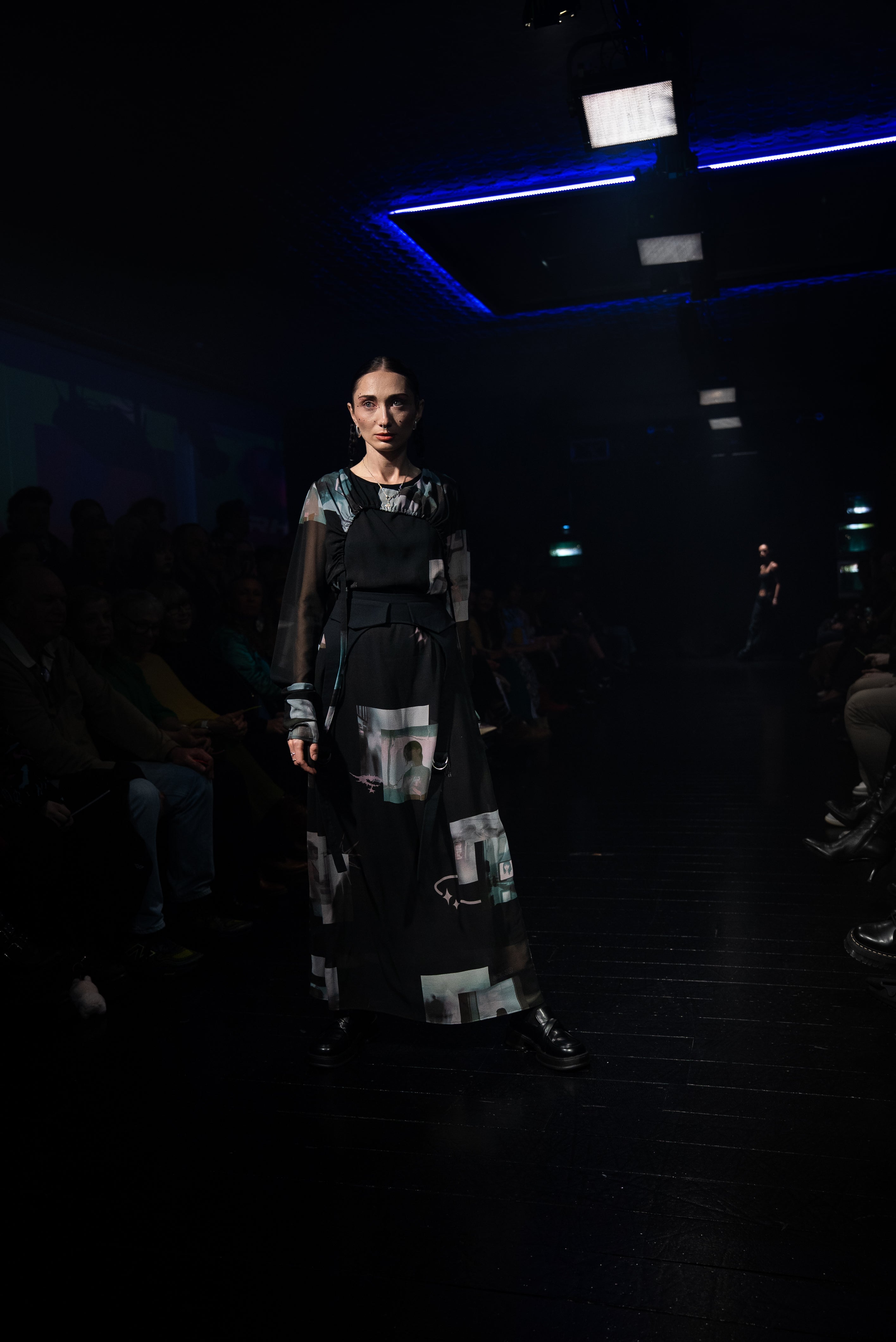 Female model wearing Rhian silk dress at Auckland fashion show
