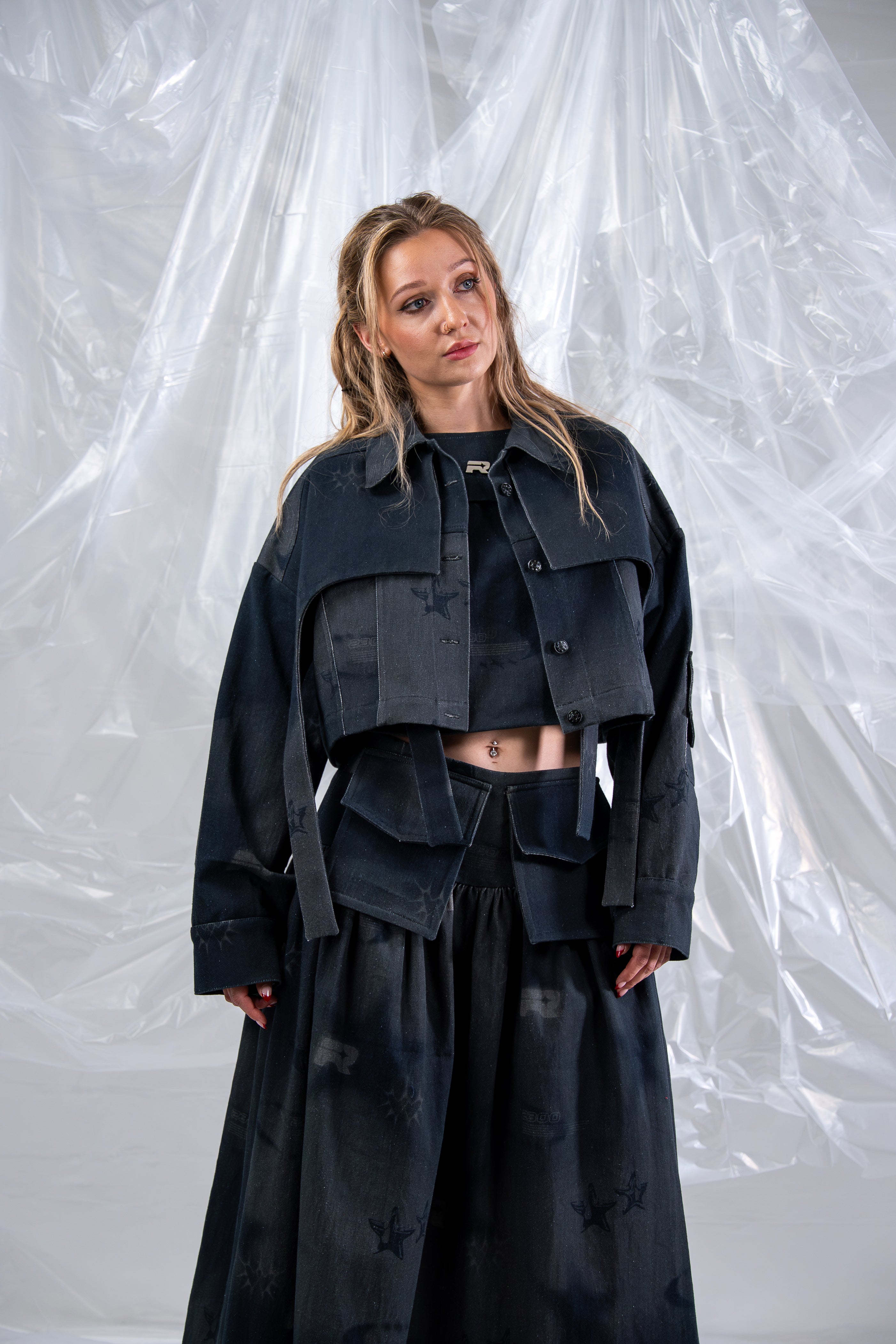 Model wearing printed denim Rhian Dress and jacket